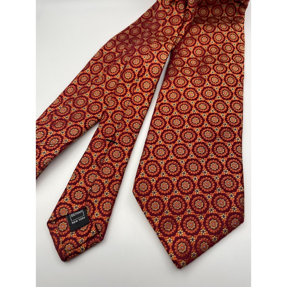Ike Behar New York Mens Silk Tie Rust Orange Gold Geometric Medallion USA Made